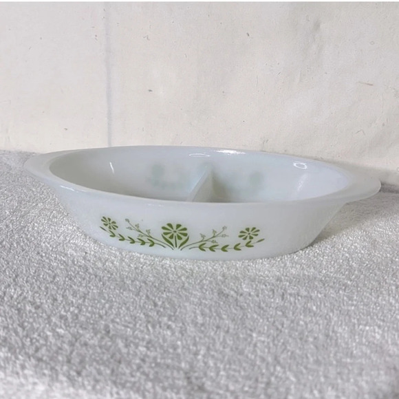Vintage Glasbake Milk Glass Green Daisy Flower Split Oval  Casserole Dish - Picture 1 of 12